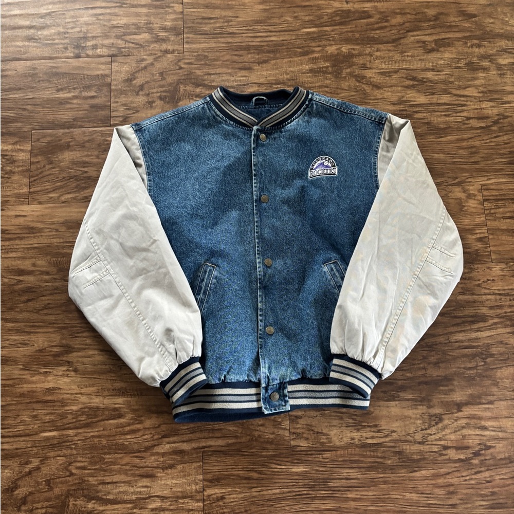 vintage large gear for sports colorado rockies varsity denim jacket
